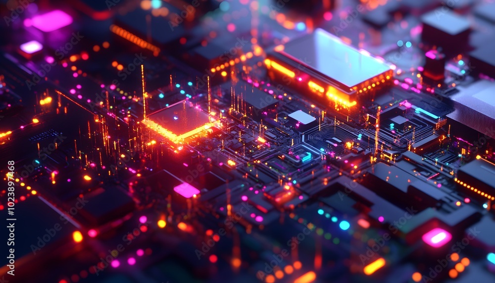 Vibrant close-up of a futuristic circuit board, showcasing intricate details and glowing components in a mesmerizing color palette. Vibrant close-up of a futuristic circuit board, showcasing intricate details and glowing components in a mesmerizing color palette.