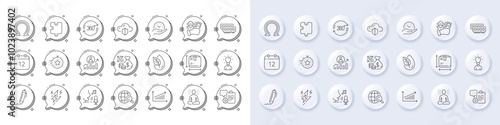 Clipboard, Chart and Organic product line icons. White pin 3d buttons, chat bubbles icons. Pack of Timer, Omega, Box size icon. Puzzle, Education, Qr code pictogram. Vector