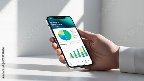 Close-up of a hand holding a smartphone with a business dashboard displaying colorful charts and graphs.
 photo