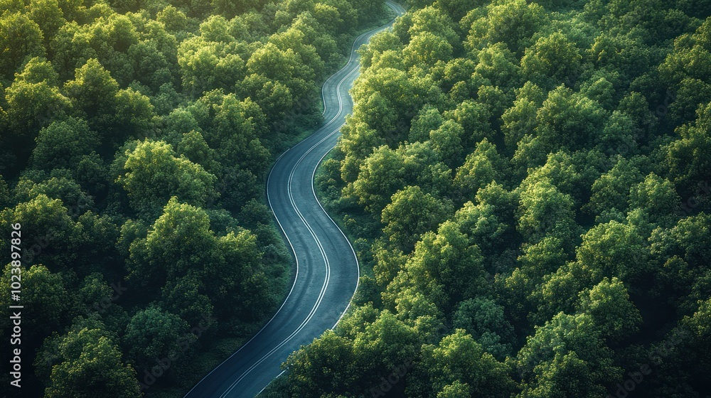 An aerial view of a winding road through a lush green forest. An aerial view of a winding road through a lush green forest.