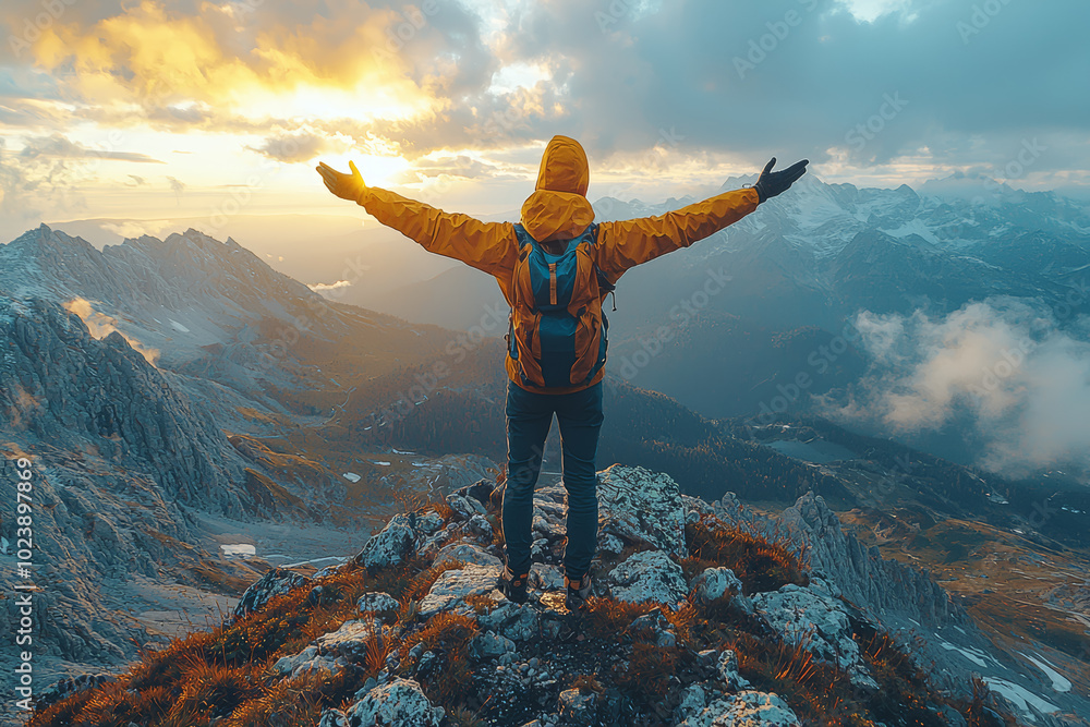 Obraz premium A person standing at the top of a mountain with arms outstretched, feeling the satisfaction of reaching the summit. Concept of achievement and joy.