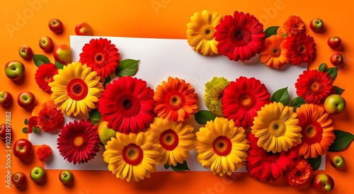 colorful composition of apples and flowers on orange background