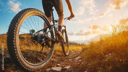 Wallpaper Mural A cyclist rides uphill on a mountain bike during sunset, with a view of mountains in the background. Torontodigital.ca
