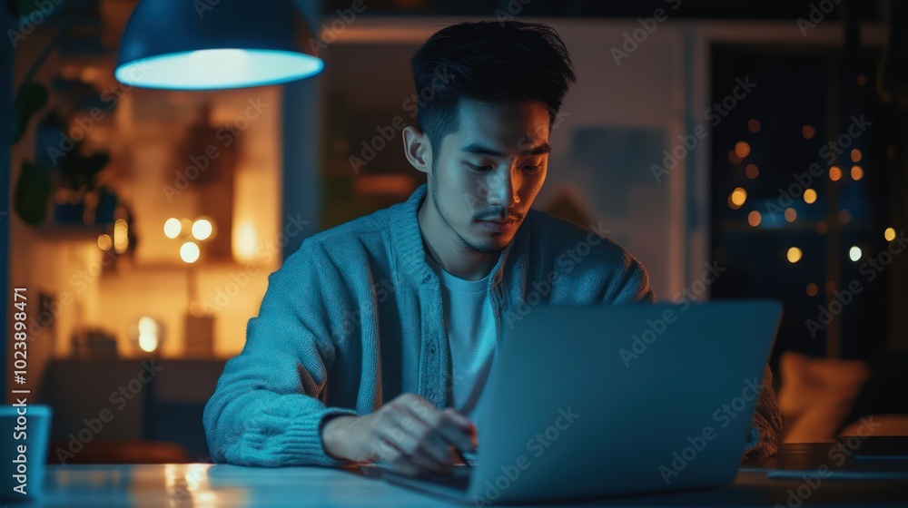 Young Asian professional working late at night on an SEO project. Handling deadlines and managing work-life balance at home. Young Asian professional working late at night on an SEO project. Handling deadlines and managing work-life balance at home.