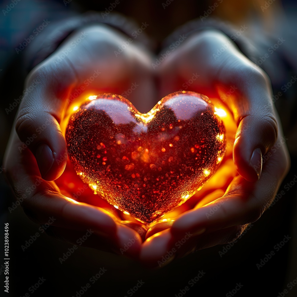 Hands gently holding a glowing red heart with sparkling details, symbolizing warmth, care, and love, perfect for Valentine's Day, romantic concepts, and heartfelt advertisements. Love commercial Hands gently holding a glowing red heart with sparkling details, symbolizing warmth, care, and love, perfect for Valentine's Day, romantic concepts, and heartfelt advertisements. Love commercial
