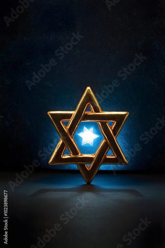 star of david, jewish religious symbol, golden glowing star, hebrew symbol on a dark background, golden star decoration, israel