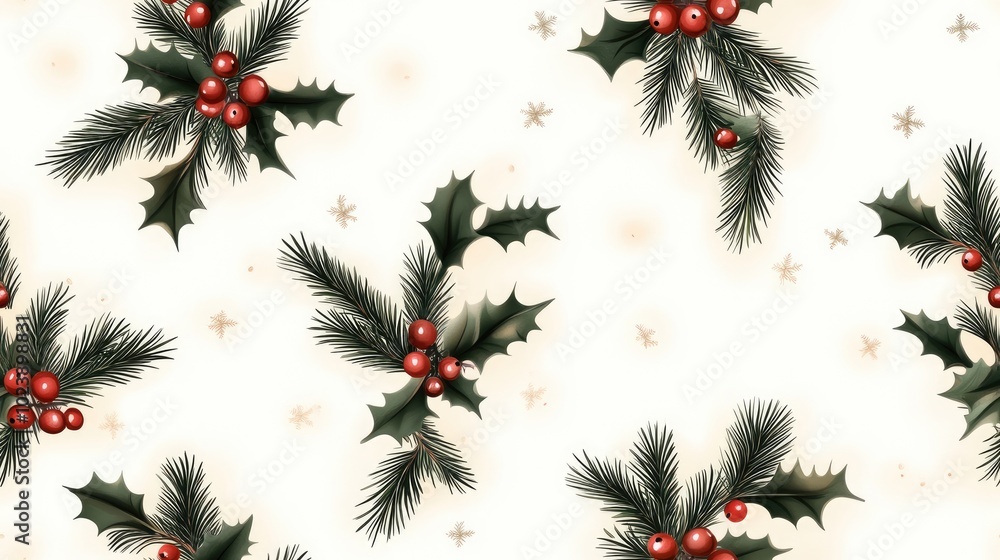 This seamless pattern showcases intricate hand-drawn Christmas berries in soft reds and greens against a neutral polka dot backdrop, ideal for festive fabric applications SEAMLESS PATTERN This seamless pattern showcases intricate hand-drawn Christmas berries in soft reds and greens against a neutral polka dot backdrop, ideal for festive fabric applications SEAMLESS PATTERN