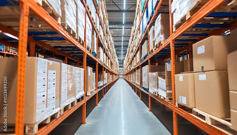 Fototapeta premium A well-organized warehouse interior showcasing rows of neatly stacked boxes on shelves, optimized for storage and inventory.