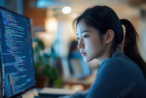 Young Asian woman working remotely, learning online and coding. Engaging in career development and upskilling at home.