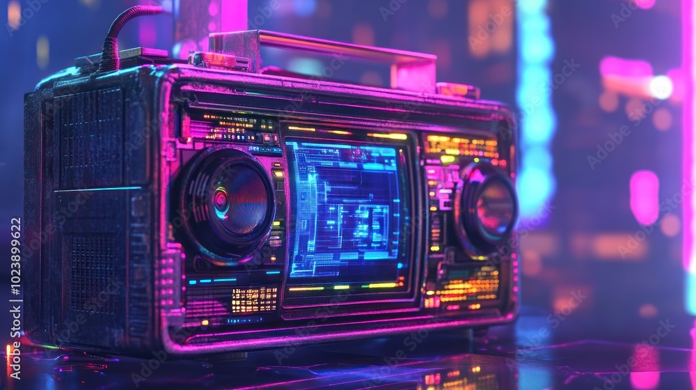 A futuristic boombox with a digital display, glowing in neon lights. A futuristic boombox with a digital display, glowing in neon lights.