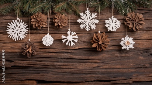 The beautifully textured wooden backdrop features white snowflakes and soft Christmas lights, perfect for showcasing products with a festive touch and creating a warm atmosphere