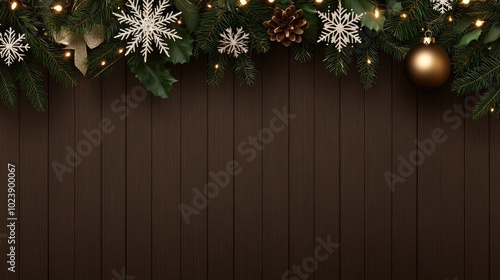 The beautifully textured wooden backdrop features white snowflakes and soft Christmas lights, perfect for showcasing products with a festive touch and creating a warm atmosphere