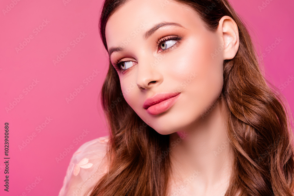 Close up photo of lovely cute dreamy lady maquillage cosmetics products empty space isolated on pink color background Close up photo of lovely cute dreamy lady maquillage cosmetics products empty space isolated on pink color background