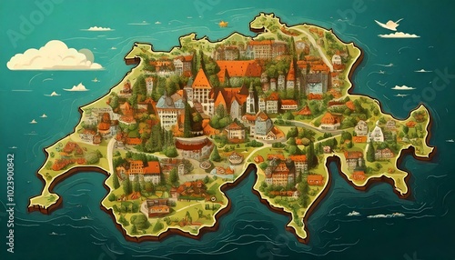 Switzerland cartoon map geographical plan