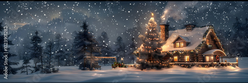 Captivating Christmas Holiday Scene: Snowy Landscape with A Warm Timber-framed House and Christmas Tree on Foreground