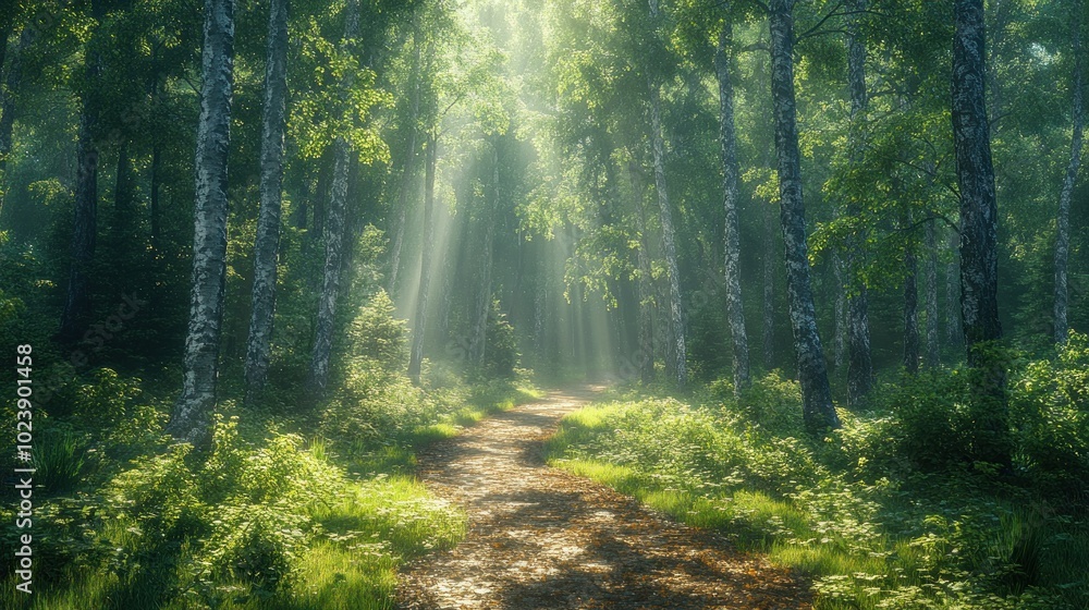 A path through a misty forest with sunbeams streaming through the trees. A path through a misty forest with sunbeams streaming through the trees.