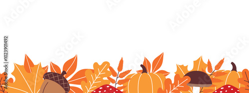 horizontal banner with autumn leaves on the bottom edge, vector illustration