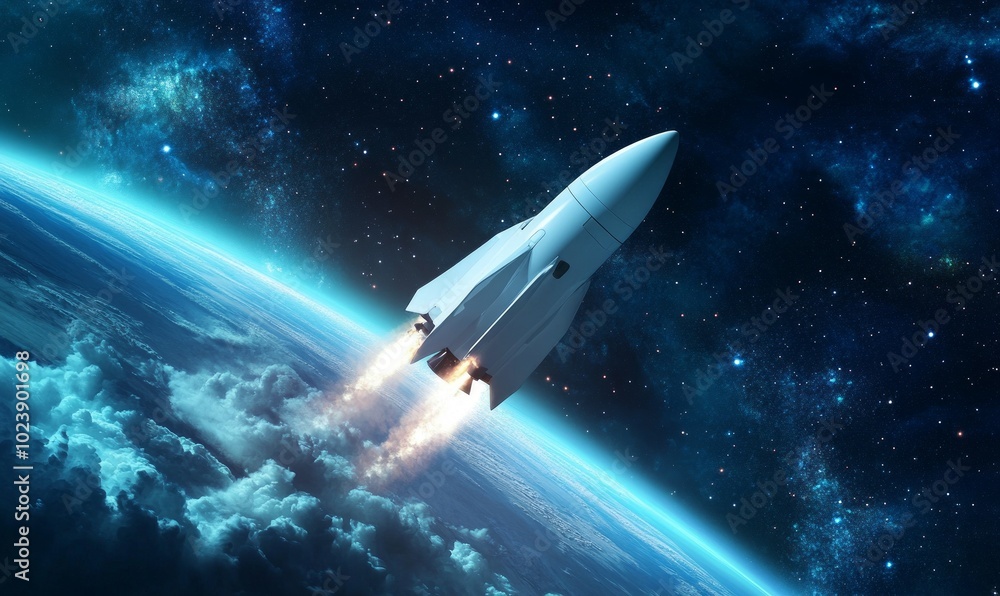 A white rocket is flying through space with a blue background A white rocket is flying through space with a blue background