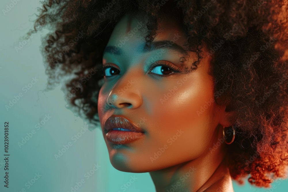 Portrait of a woman with natural curly hair in a studio, focusing on self-care with hair growth products and showcasing a glowing skincare and makeup look against a gradient backdrop Portrait of a woman with natural curly hair in a studio, focusing on self-care with hair growth products and showcasing a glowing skincare and makeup look against a gradient backdrop