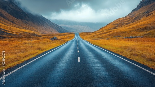 A long, straight road through a mountain valley with overcast sky.