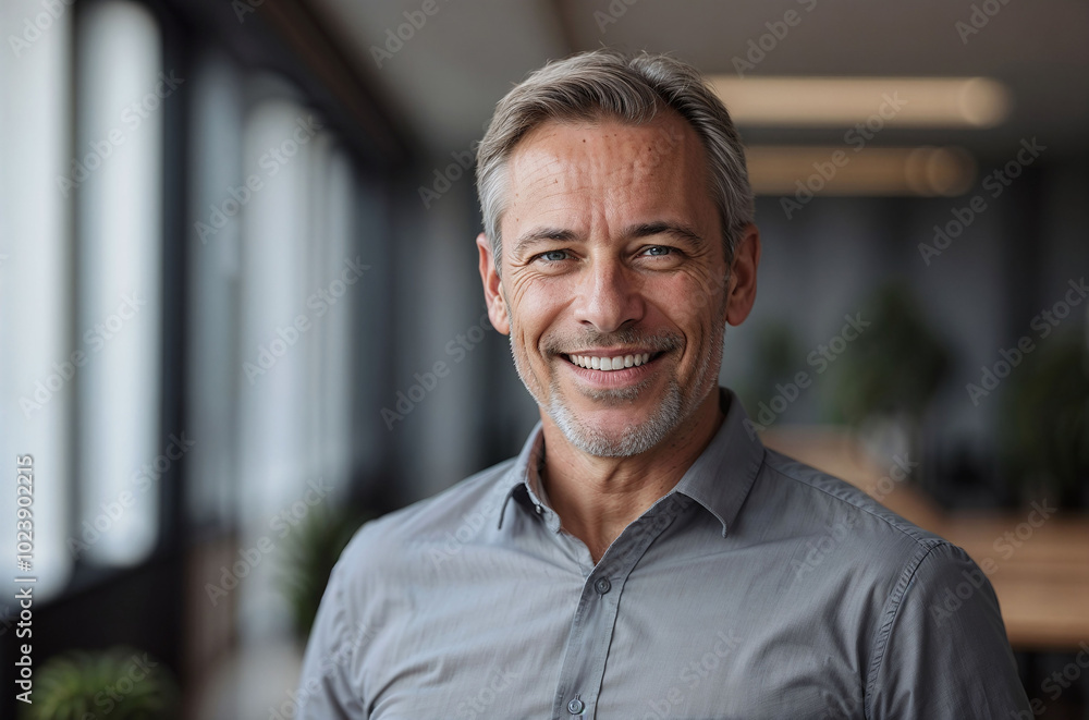 A middle-aged man smiling in an office setting with natural light and a professional appearance A middle-aged man smiling in an office setting with natural light and a professional appearance