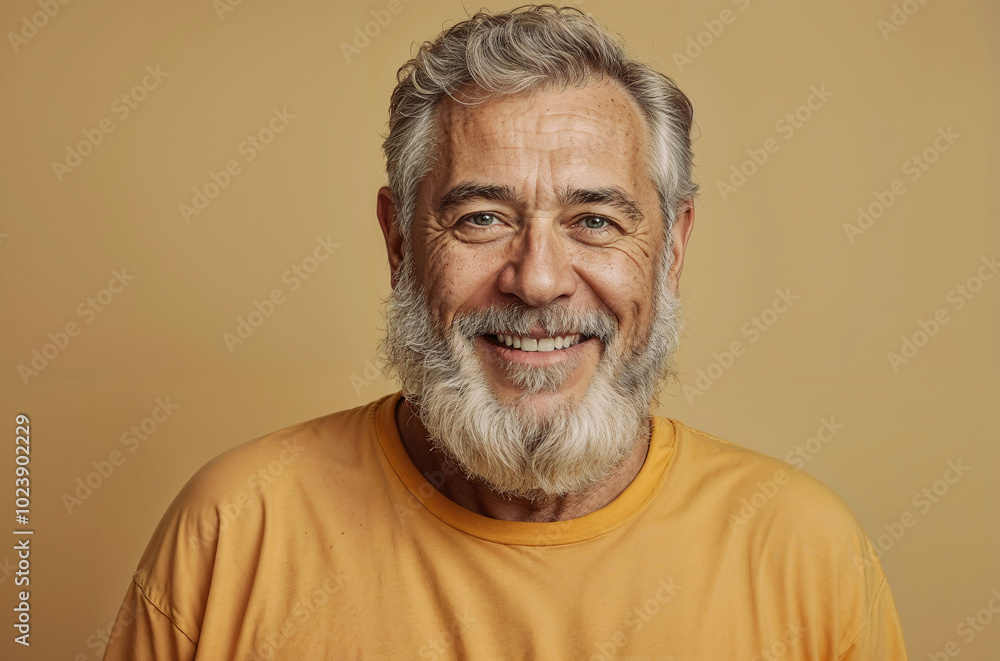 A senior man with a gray beard and friendly expression, smiling against a plain yellow background A senior man with a gray beard and friendly expression, smiling against a plain yellow background