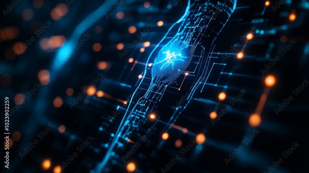 A holographic display reveals a knee injury in vivid neon blue, surrounded by swirling healing technology, futuristic medical lab, Cyberpunk, Neon