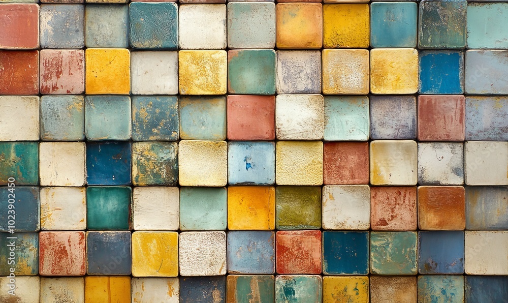 A wall made of square tiles in different colors