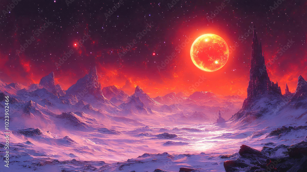 Fototapeta premium A surreal frozen landscape featuring towering ice formations beneath a giant, fiery sun in the distance against a starry night sky