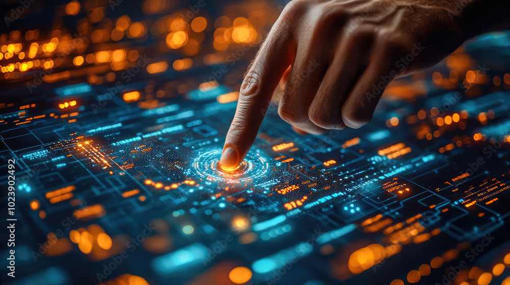 A hand is pointing at a high-tech digital screen displaying a global data map. The screen has illuminated details and orange data points over a futuristic interface A hand is pointing at a high-tech digital screen displaying a global data map. The screen has illuminated details and orange data points over a futuristic interface