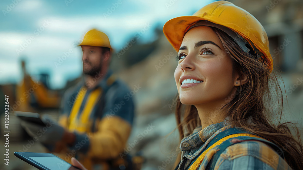 Two construction workers discussing plans on a building site with a mountainous background, emphasizing teamwork, development, and project planning