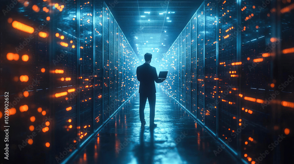 Businessman with a laptop in a futuristic data center. Surrounded by illuminated servers and glowing digital data in a high-tech environment Businessman with a laptop in a futuristic data center. Surrounded by illuminated servers and glowing digital data in a high-tech environment