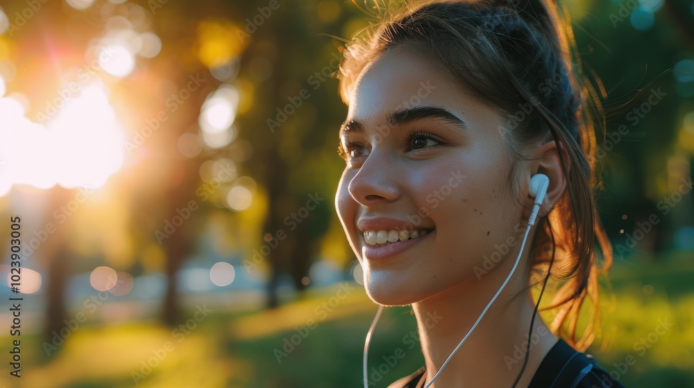 Close-up of a joyful young female athlete wearing earphones while exercising outdoors, enjoying music during her workout in a park Close-up of a joyful young female athlete wearing earphones while exercising outdoors, enjoying music during her workout in a park