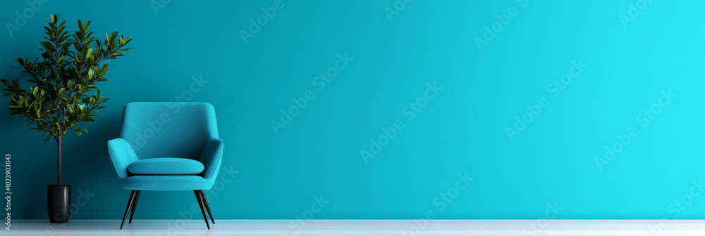 Blue armchair in front of a turquoise wall with a potted plant. Blue armchair in front of a turquoise wall with a potted plant.