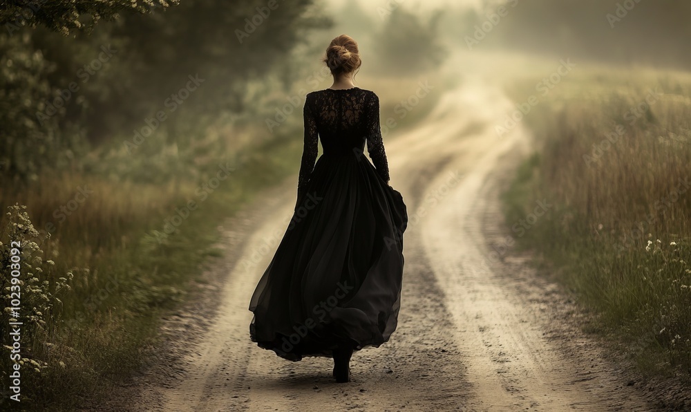 A woman in a black dress is walking down a dirt road A woman in a black dress is walking down a dirt road