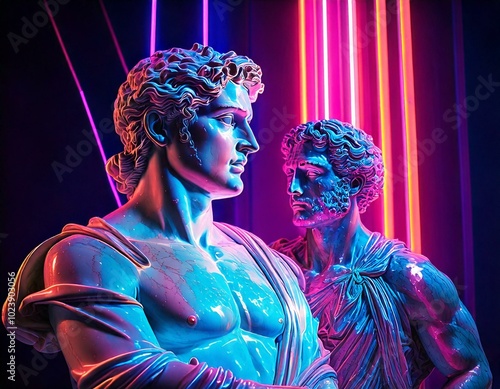 Classic marble sculptures of men being lighted by pillars of Neon light photo