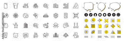 Set of Cooking cutlery, Versatile and Communication line icons for web app. Design elements, Social media icons. Cooking beaker, Online market, Arena stadium icons. Vector