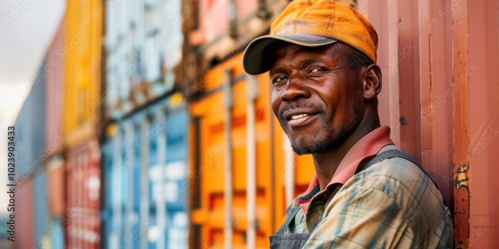 Logistics and transportation with a man working on a commercial dock. Focus on delivery, freight, and cargo handling in the export and import sector Logistics and transportation with a man working on a commercial dock. Focus on delivery, freight, and cargo handling in the export and import sector