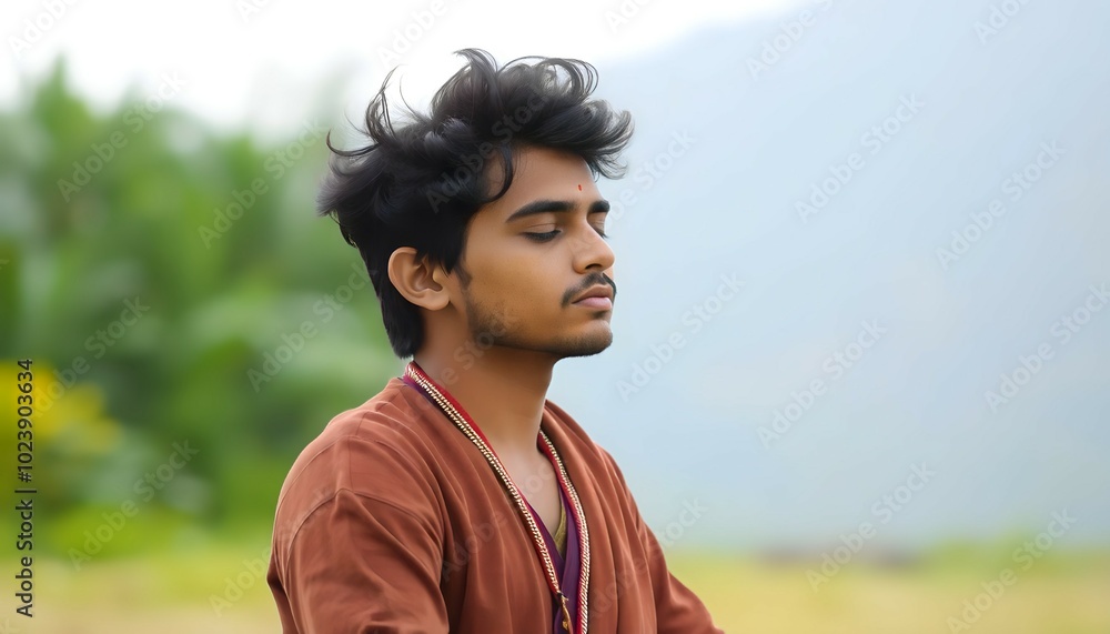 Young Indian Man Deep in Meditation Outdoors Young Indian Man Deep in Meditation Outdoors