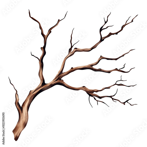 Dry tree branch with multiple twisted limbs, white isolated background. transparent background