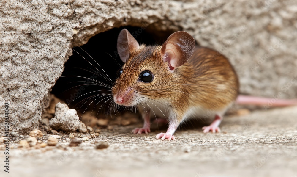 A mouse explores a hole in a wall, standing upright in anticipation A mouse explores a hole in a wall, standing upright in anticipation