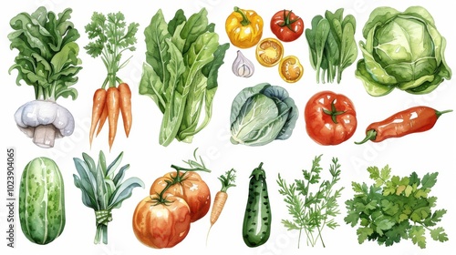 Hand drawn watercolor fresh vegetables and herbs collection on white background
