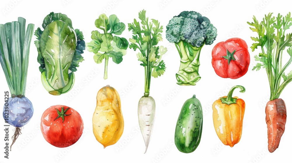 Hand drawn watercolor fresh vegetables and herbs collection on white background Hand drawn watercolor fresh vegetables and herbs collection on white background
