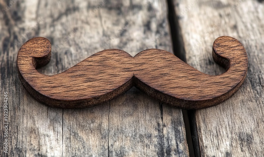 A mustache made of wood is on a wooden surface A mustache made of wood is on a wooden surface