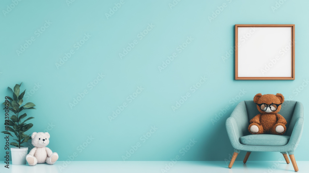 Fototapeta premium A brown teddy bear wearing glasses sits in a blue armchair in a minimalist room.