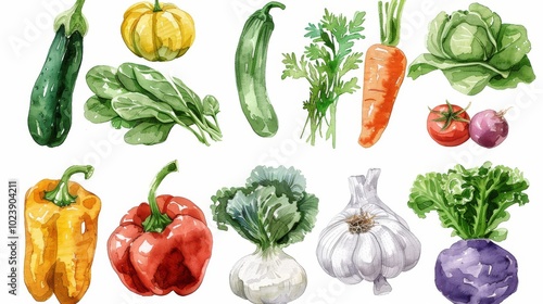 Hand drawn watercolor fresh vegetables and herbs collection on white background