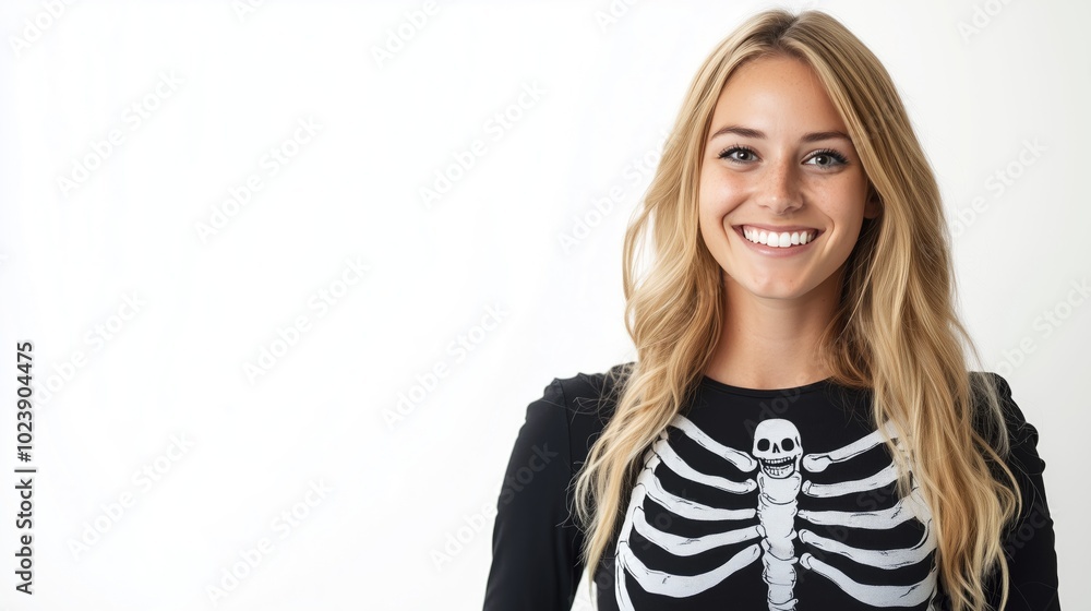 Smiling Blonde Woman in Skeleton Costume for Halloween Promotions Smiling Blonde Woman in Skeleton Costume for Halloween Promotions