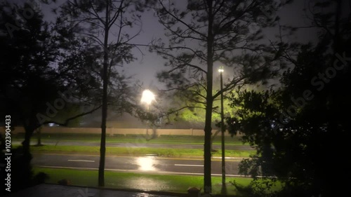 Hurricane big gust wind, heavy rain and lightning on landfall