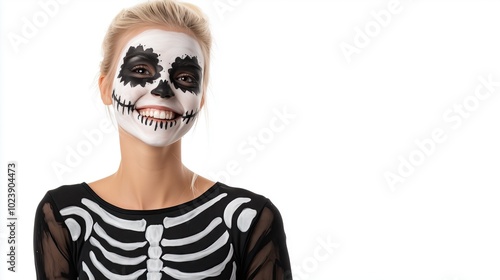 Smiling Blonde Woman in Skeleton Costume for Halloween Promotions