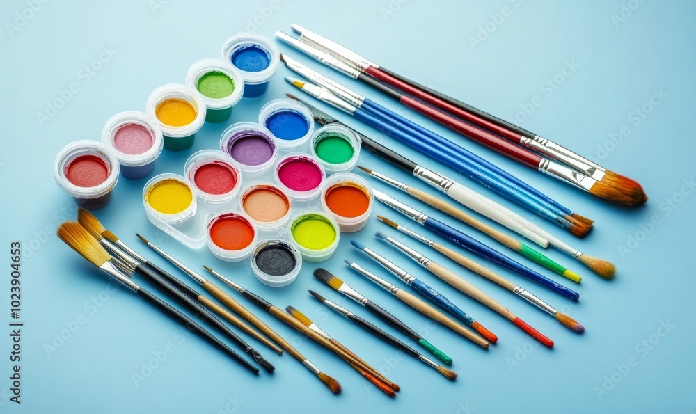 Naklejka premium A painting set with a variety of colors and brushes on a blue background